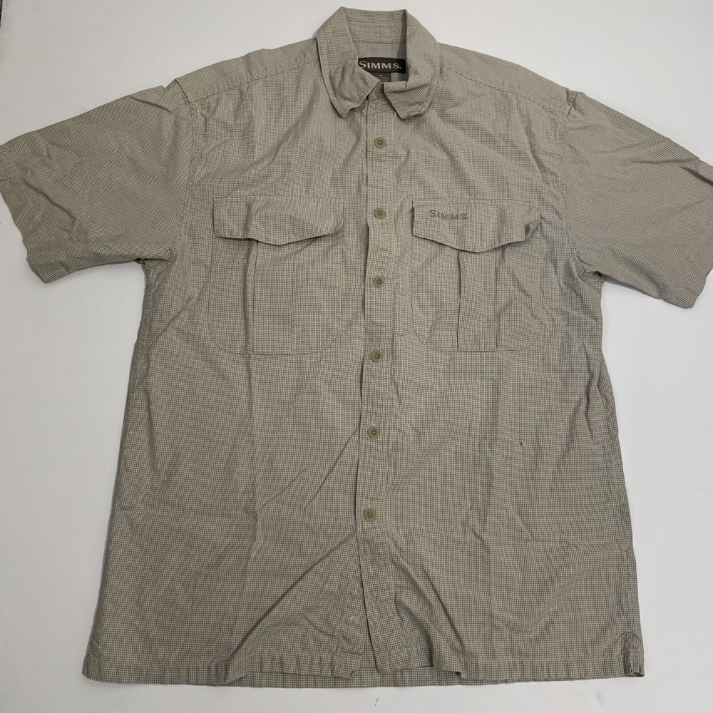 Simms Lightweight Mens Button Down Fishing Shirt Tan Checkered Plaid M